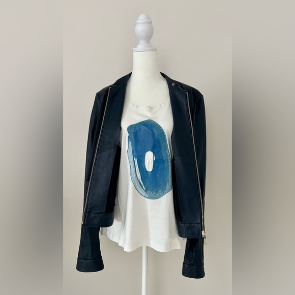 Cropped, indigo blue, perforated leather jacket - Picture 5 of 16